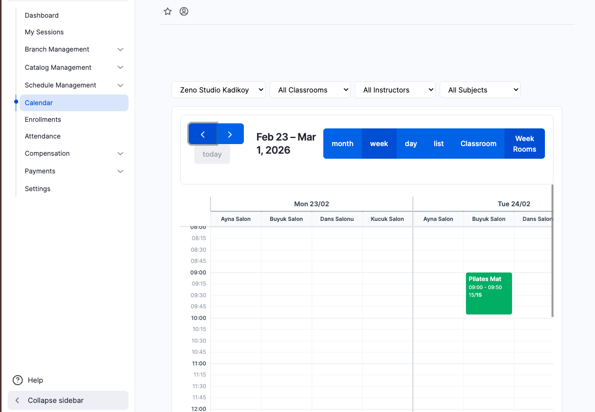The Zeno Studio admin calendar in its Week Rooms view, showing classrooms as columns across a week, with filters for branch, classroom, instructor and subject.